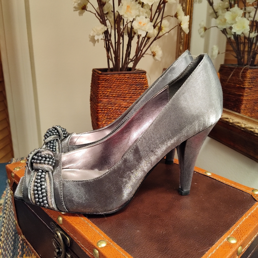 J. Renee Luxe Silver satin beaded embellished open toe pumps